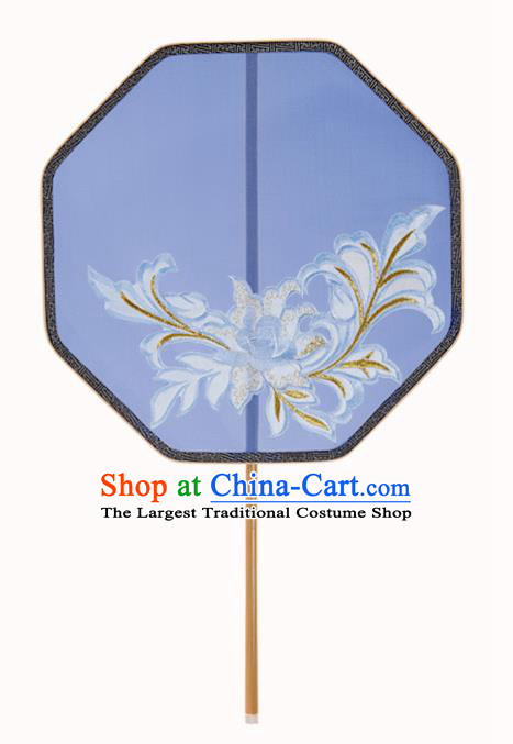 Traditional Chinese Crafts Palace Fans Embroidered Blue Fans Ancient Silk Fan for Women