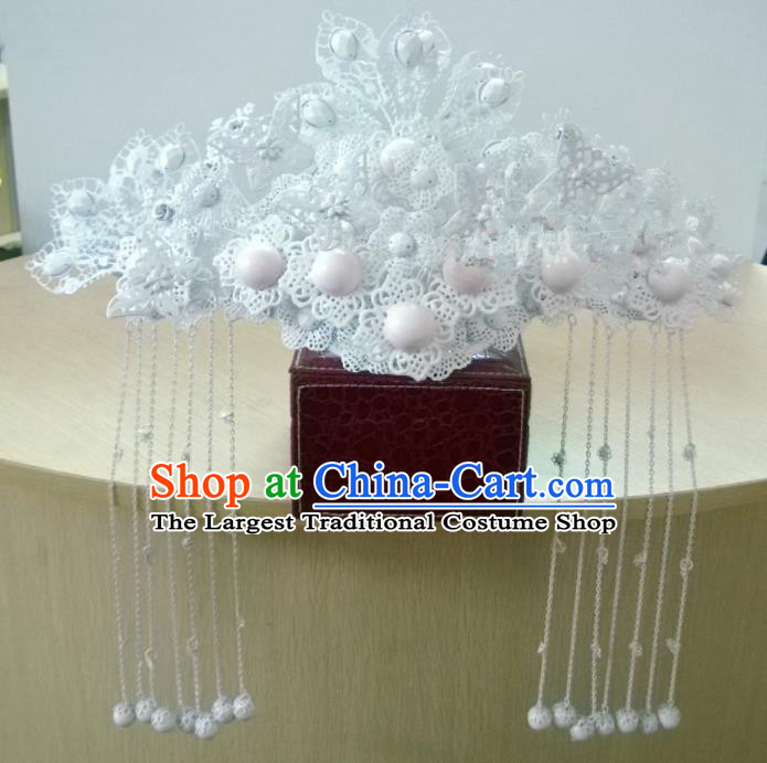 Chinese Classical Wedding Hair Accessories Traditional Ancient Bride White Phoenix Coronet for Women