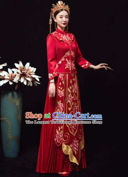 Chinese Traditional Red Xiuhe Suits Ancient Bride Embroidered Peony Wedding Dress for Women