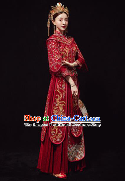 Chinese Traditional Embroidered Phoenix Red Xiuhe Suits Ancient Bride Wedding Dress for Women