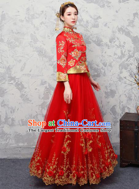 Traditional Chinese Wedding Costumes Ancient Bride Embroidered Peony Red Dress for Women