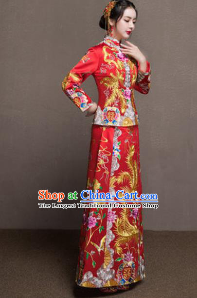 Traditional Chinese Wedding Bride Costumes Ancient Embroidered Phoenix Peony Red Dress for Women