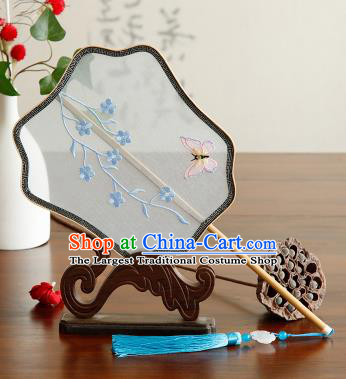 Traditional Chinese Crafts Palace Fans Embroidered Blue Flowers Butterfly Fans Ancient Organza Fan for Women