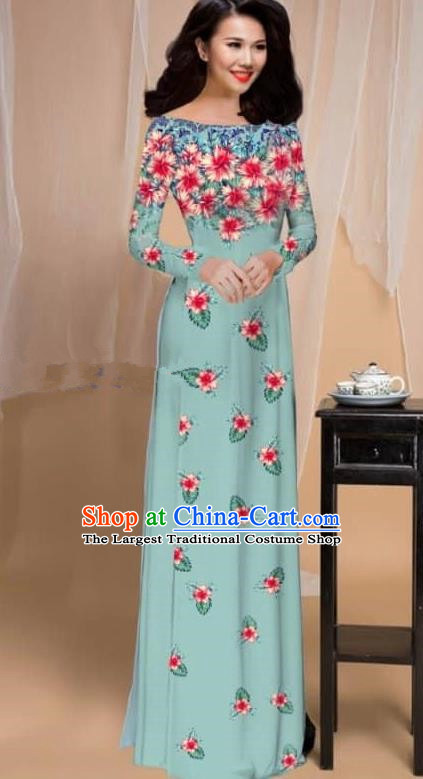 Asian Vietnam Traditional Printing Flowers Light Blue Cheongsam Vietnamese Classical Ao Dai Qipao Dress for Women