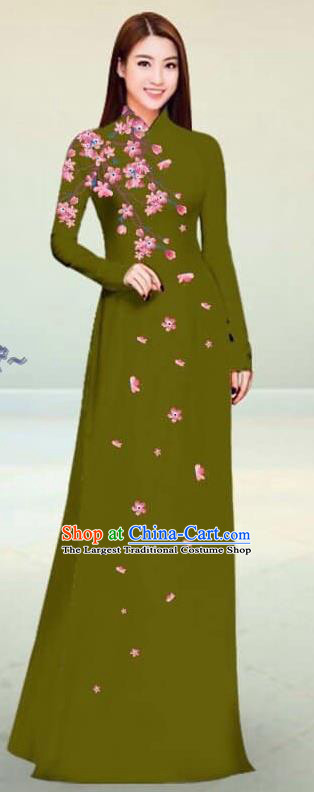Asian Vietnam Traditional Olive Green Cheongsam Vietnamese Classical Ao Dai Qipao Dress for Women