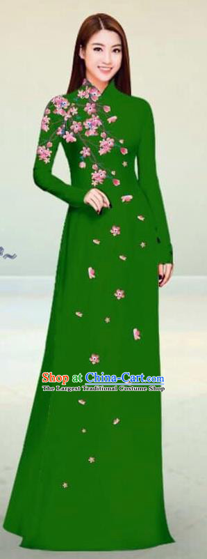 Asian Vietnam Traditional Deep Green Cheongsam Vietnamese Classical Ao Dai Qipao Dress for Women