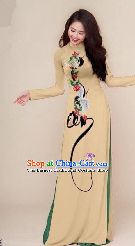 Asian Vietnam Traditional Printing Cranes Khaki Cheongsam Vietnamese Classical Ao Dai Qipao Dress for Women