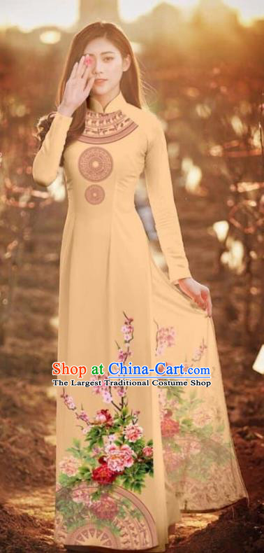 Asian Vietnam Traditional Printing Peony Khaki Cheongsam Vietnamese Classical Ao Dai Qipao Dress for Women