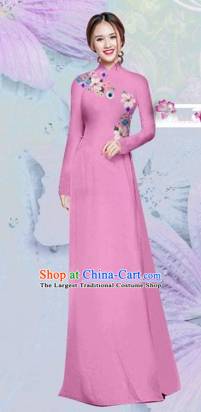 Asian Vietnam Traditional Cheongsam Vietnamese Classical Peach Pink Ao Dai Qipao Dress for Women