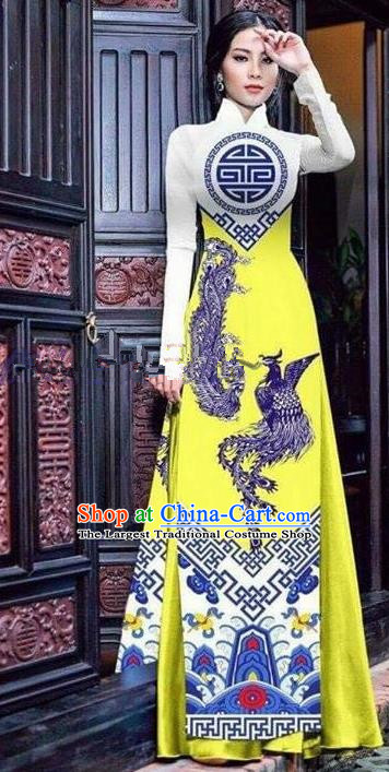 Asian Vietnam Traditional Printing Phoenix Bright Yellow Cheongsam Vietnamese Ao Dai Qipao Dress for Women