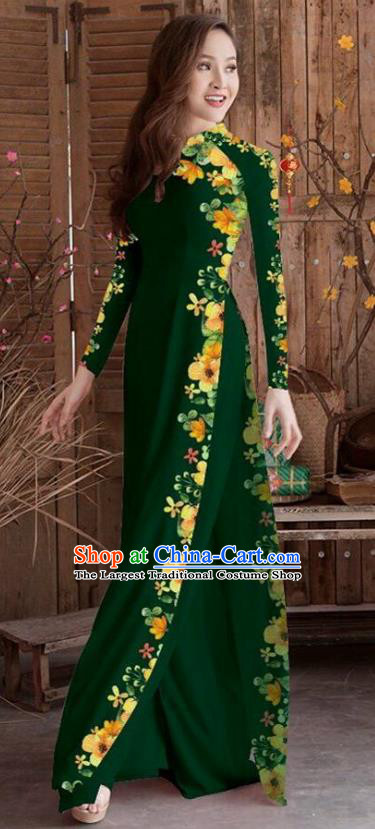 Asian Vietnam Traditional Printing Cheongsam Vietnamese Atrovirens Ao Dai Qipao Dress for Women