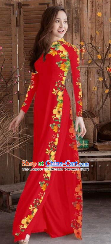 Asian Vietnam Traditional Printing Cheongsam Vietnamese Red Ao Dai Qipao Dress for Women