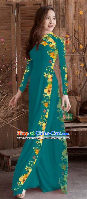 Asian Vietnam Traditional Printing Cheongsam Vietnamese Peacock Green Ao Dai Qipao Dress for Women