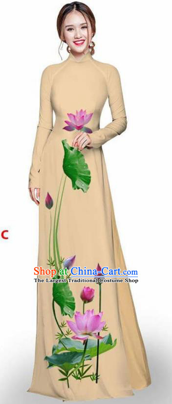 Asian Vietnam Traditional Khaki Cheongsam Vietnamese Printing Lotus Ao Dai Qipao Dress for Women