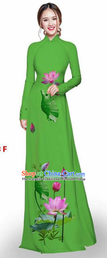 Asian Vietnam Traditional Green Cheongsam Vietnamese Printing Lotus Ao Dai Qipao Dress for Women