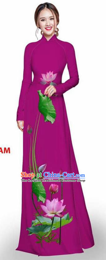 Asian Vietnam Traditional Amaranth Cheongsam Vietnamese Printing Lotus Ao Dai Qipao Dress for Women