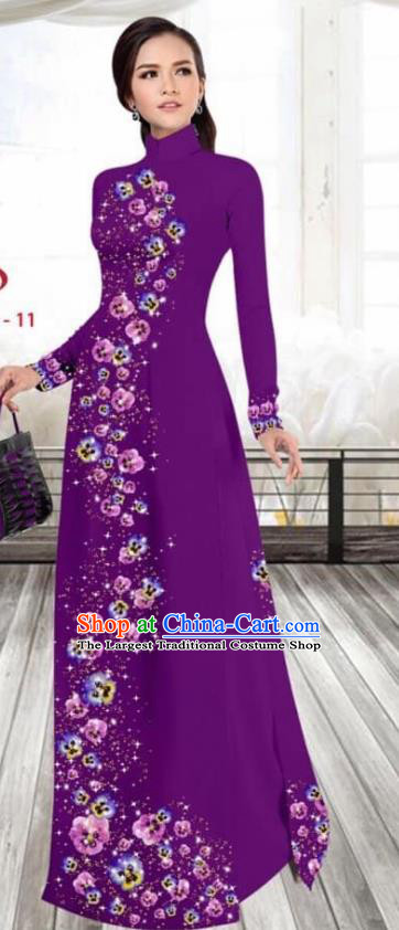 Asian Vietnam Traditional Female Costume Vietnamese Printing Purple Cheongsam Ao Dai Qipao Dress for Women
