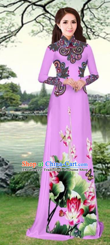 Asian Traditional Vietnam Female Costume Vietnamese Printing Lotus Lilac Cheongsam Ao Dai Qipao Dress for Women