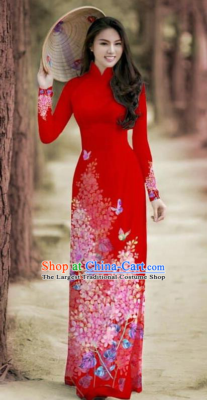 Asian Traditional Vietnam Female Costume Vietnamese Bride Cheongsam Red Ao Dai Qipao Dress for Women