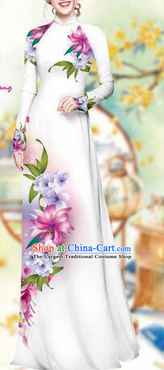Asian Traditional Vietnam Female Costume Vietnamese Bride White Cheongsam Ao Dai Qipao Dress for Women
