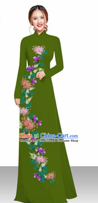 Asian Vietnam Traditional Female Costume Vietnamese Printing Chrysanthemum Olive Green Ao Dai Qipao Dress for Women