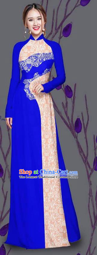 Asian Traditional Vietnam Costume Ao Dai Qipao Dress Vietnamese Bride Royalblue Cheongsam for Women