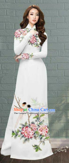 Asian Traditional Vietnam Costume Printing Peony Ao Dai Qipao Dress Vietnamese Bride Cheongsam for Women