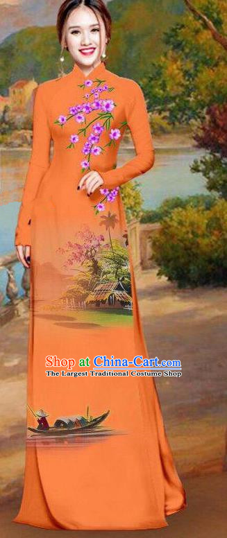 Asian Traditional Vietnam Bride Costume Vietnamese Printing Orange Ao Dai Cheongsam for Women