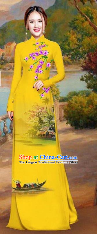 Asian Traditional Vietnam Bride Costume Vietnamese Printing Ginger Ao Dai Cheongsam for Women