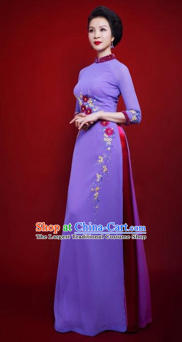 Vietnam Traditional Female Costume Vietnamese Bride Purple Ao Dai Qipao Dress Cheongsam for Women