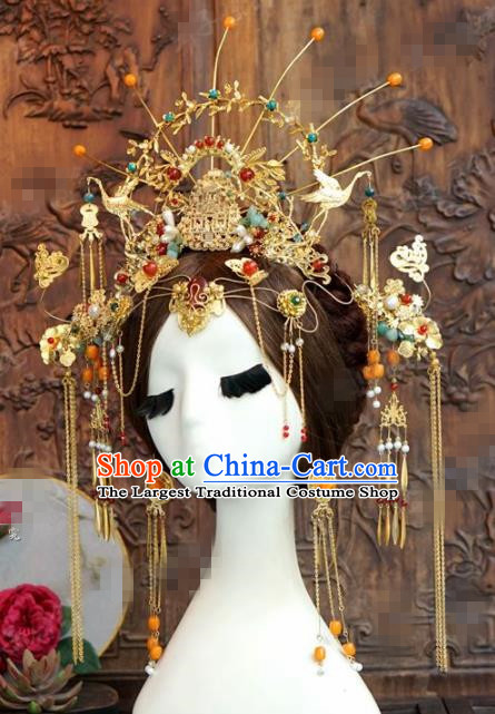 Chinese Ancient Queen Cranes Phoenix Coronet Wedding Bride Hairpins Headdress for Women