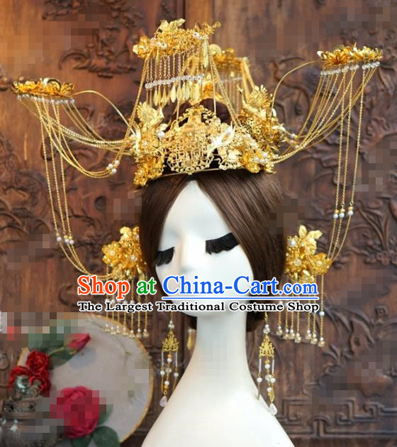 Chinese Ancient Bride Hair Accessories Wedding Golden Tassel Phoenix Coronet Hairpins for Women