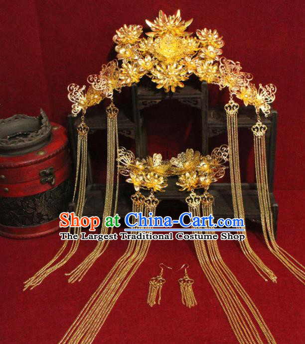 Chinese Ancient Tang Dynasty Imperial Consort Headdress Palace Golden Phoenix Coronet Hairpins Complete Set for Women