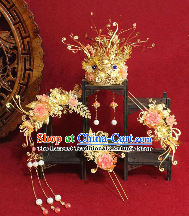 Chinese Ancient Tang Dynasty Wedding Hair Accessories Phoenix Coronet Hairpins Complete Set for Women