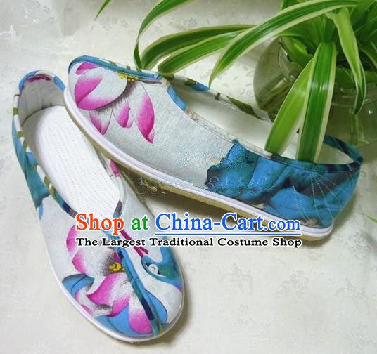 Chinese Traditional Hanfu Shoes Printing Lotus Shoes Handmade Cloth Shoes for Women