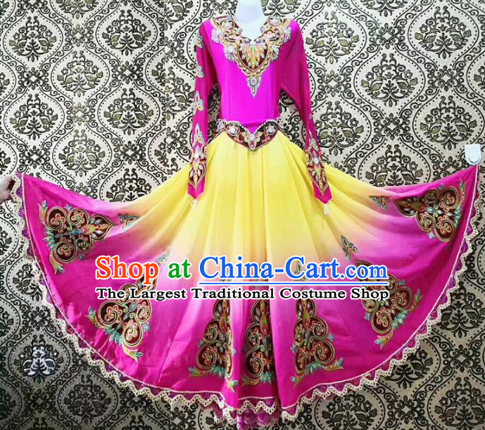 Chinese Ethnic Folk Dance Rosy Dress Traditional National Uyghur Nationality Costumes for Women