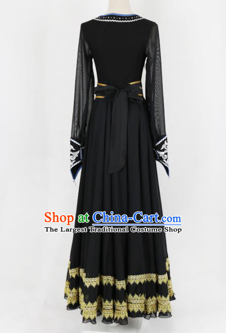Chinese Mongolian Ethnic Minority Black Dress Traditional Nationality Folk Dance Costume for Women