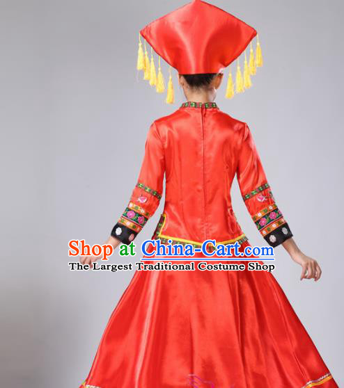 Chinese Ethnic Minority Red Embroidered Dress Traditional Zhuang Nationality Folk Dance Costumes for Women