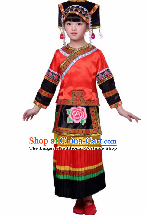Chinese Traditional Yi Nationality Folk Dance Red Dress Ethnic Dance Costumes for Kids