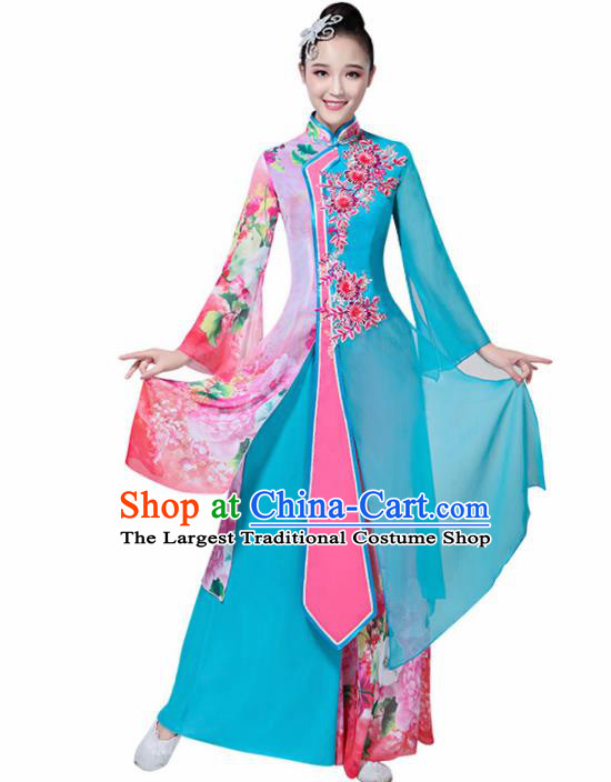 Chinese Traditional Folk Dance Costumes Classical Dance Umbrella Dance Blue Dress for Women