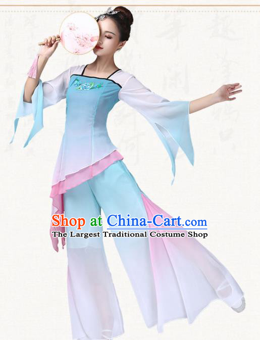 Chinese Traditional Folk Dance Yanko Dance Blue Dress Umbrella Dance Group Dance Costumes for Women