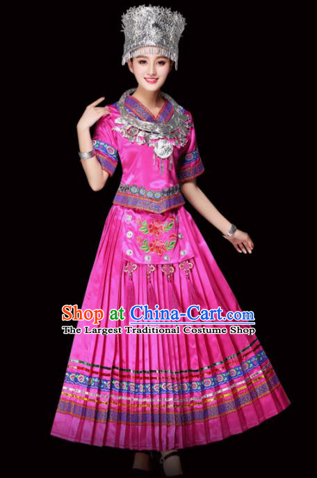 Chinese Miao Ethnic Minority Embroidered Pink Dress Traditional Hmong Nationality Folk Dance Costumes for Women