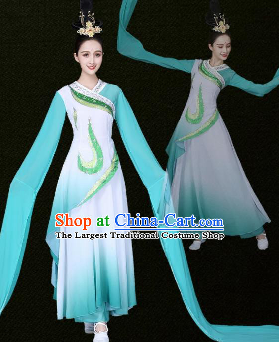 Chinese Traditional Classical Dance Green Water Sleeve Dress Ancient Group Dance Costumes for Women