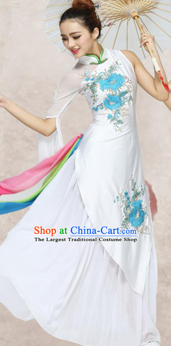 Traditional Chinese Classical Dance White Qipao Dress Group Umbrella Dance Costumes for Women