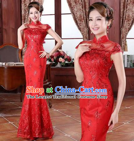 Traditional Chinese Classical Wedding Qipao Dress Bride Red Cheongsam for Women