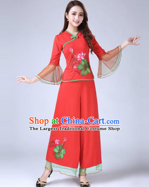 Traditional Chinese Folk Dance Costumes Lotus Dance Yanko Dance Red Dress for Women