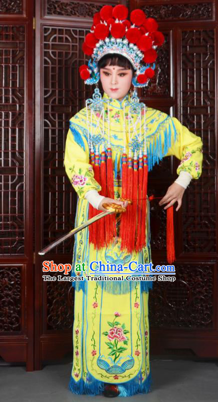 Traditional Chinese Peking Opera Blues Costumes Ancient Female General Yellow Dress and Hat for Adults