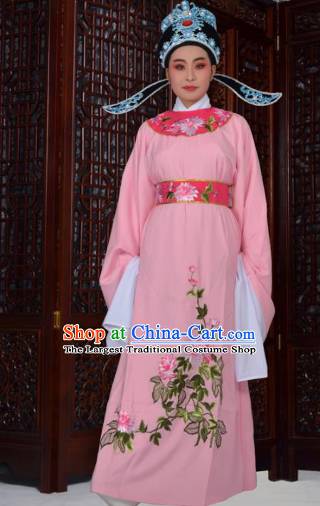 Professional Chinese Peking Opera Niche Costumes Ancient Gifted Scholar Embroidered Chrysanthemum Pink Robe for Adults