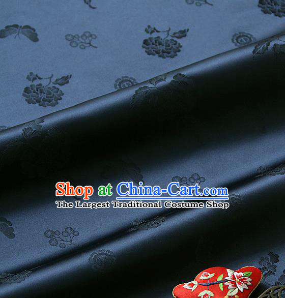 Traditional Asian Classical Peony Butterfly Pattern Navy Brocade Cloth Drapery Korean Hanbok Palace Satin Silk Fabric