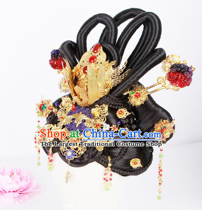 Chinese Traditional Tang Dynasty Hair Accessories Ancient Queen Wigs and Hairpins for Women